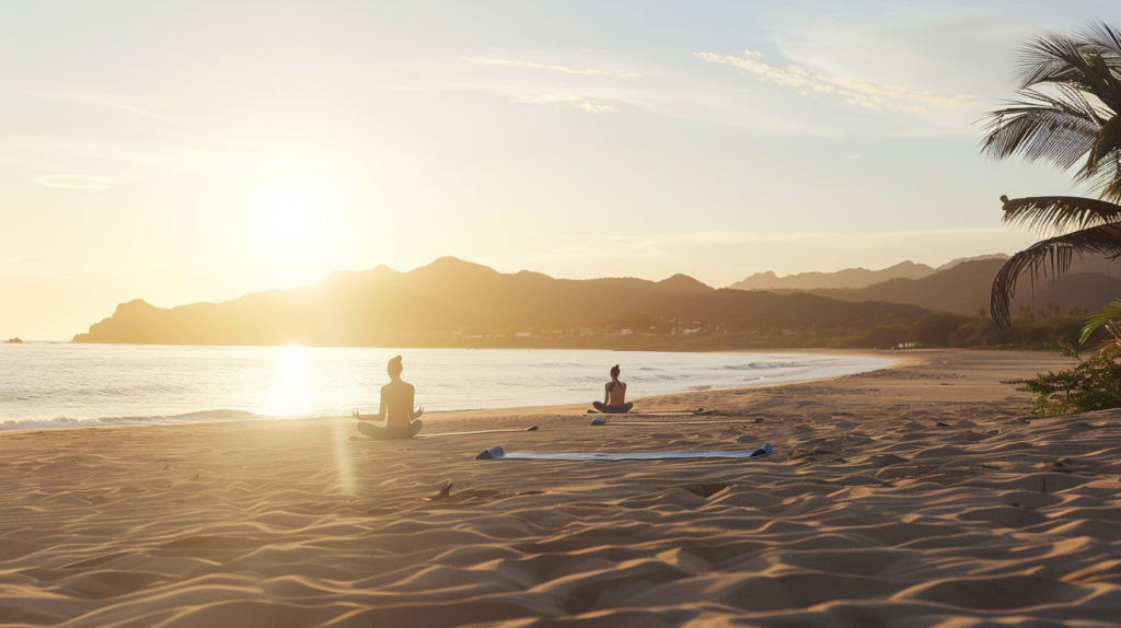 Individuals practicing yoga in the early morning on Playa Las Gemelas with a calm sea and soft dawn lighting in the background.
