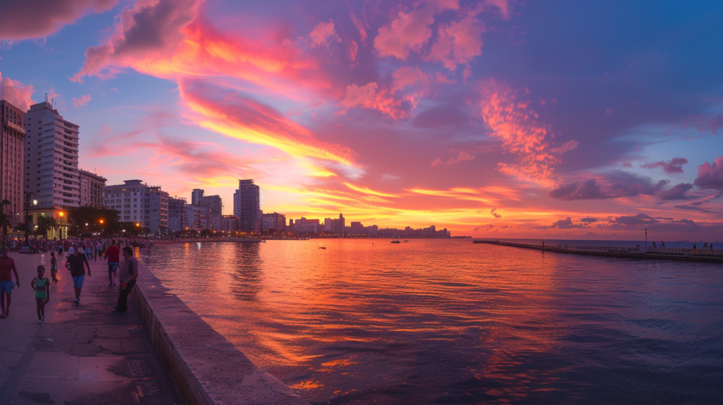 People enjoying a walk along the Malecón in Puerto Vallarta with a vibrant sunset reflecting off the water.