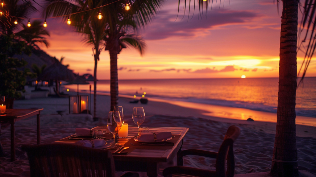 A romantic table for two set on Playa de los Muertos with candles and a stunning sunset over the ocean in the background.