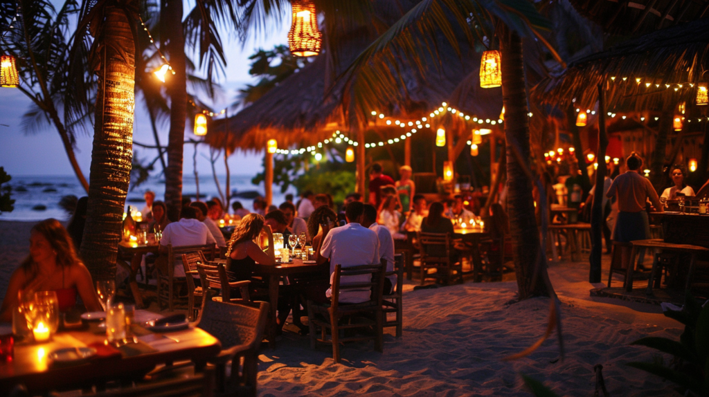 Diners at La Palapa in Puerto Vallarta enjoying a meal under ambient lighting with a picturesque sunset backdrop.