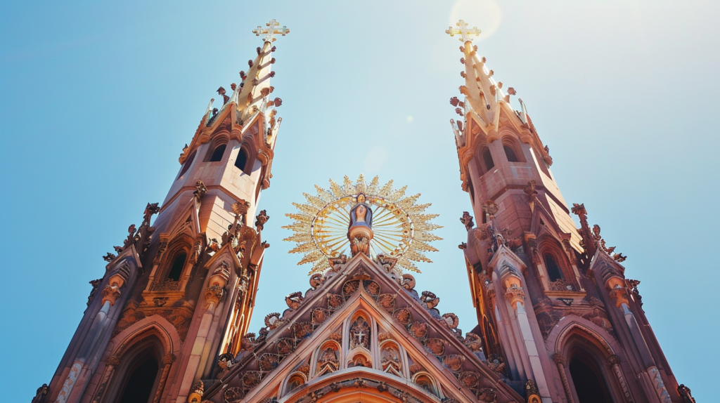 Close-up of the intricate crown atop Our Lady of Guadalupe Church under clear blue skies in Puerto Vallarta.