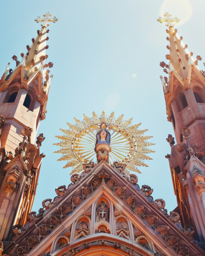 Close-up of the intricate crown atop Our Lady of Guadalupe Church under clear blue skies in Puerto Vallarta.