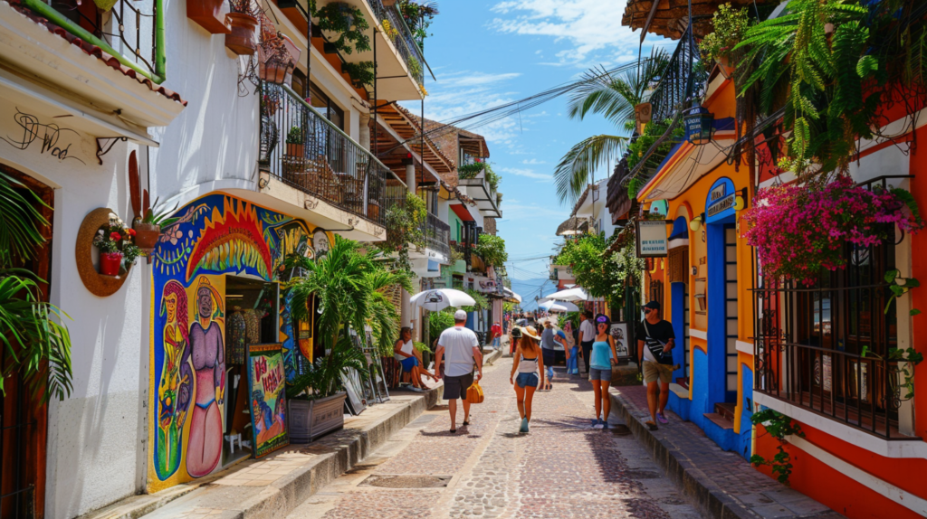 Tourists exploring the colorful and vibrant cobblestone streets of Old Vallarta, surrounded by traditional Mexican architecture.
