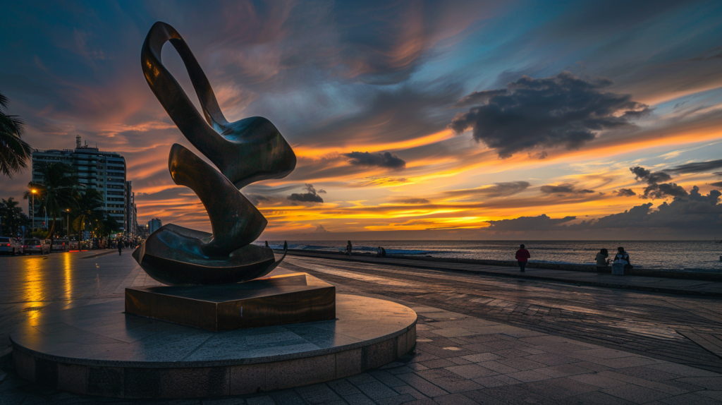Sculptures along El Malecón in Puerto Vallarta with a backdrop of sunset colors, showcasing the dynamic range of public art.