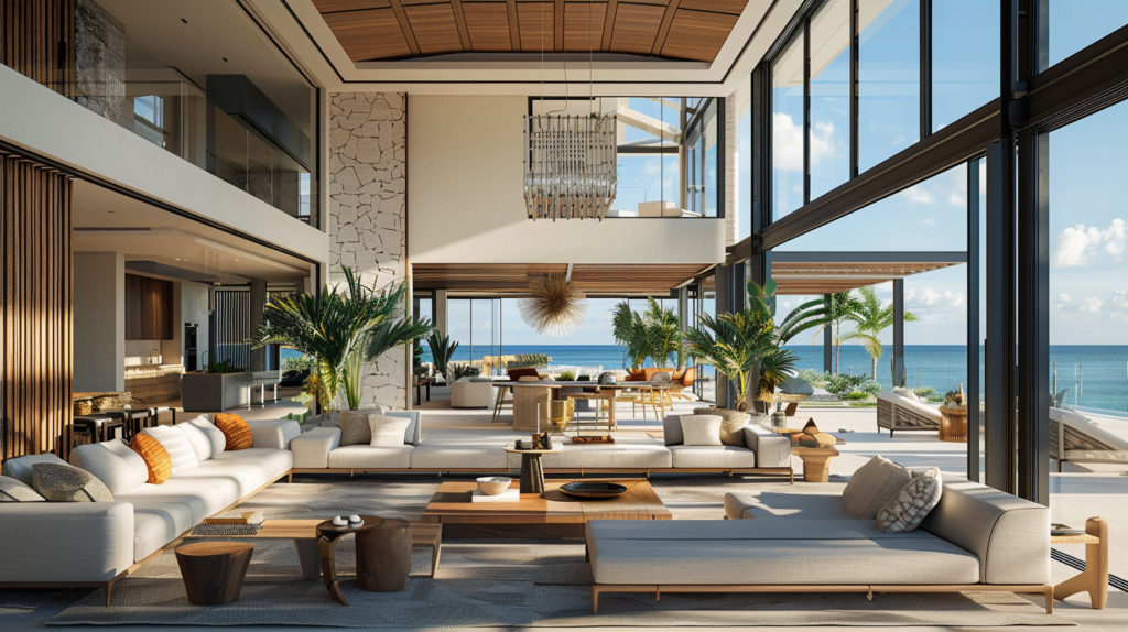 Interior of a luxurious villa with modern decor and ocean views in Turks and Caicos.