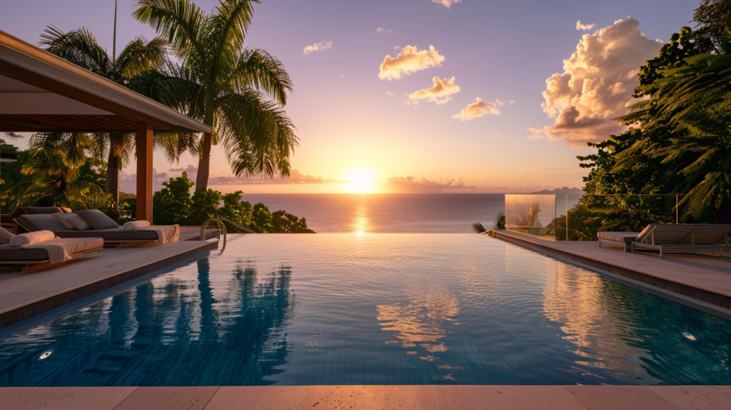 Infinity pool at a luxury rental in Turks and Caicos overlooking the Caribbean Sea at sunset.