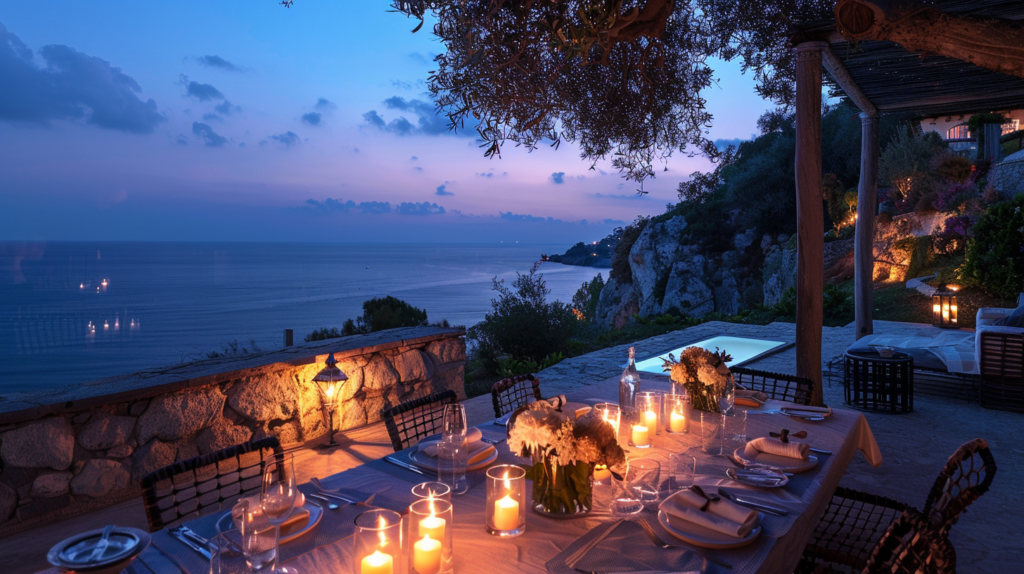 Candlelit dinner setup at a luxury villa in Turks and Caicos under a starry sky.