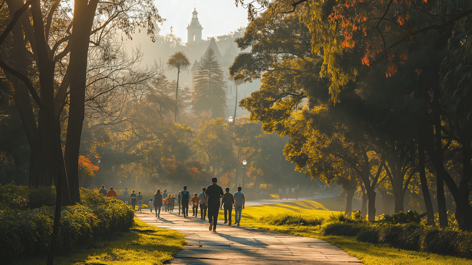 People walking in a lush green park near Mexico City under a golden sunrise