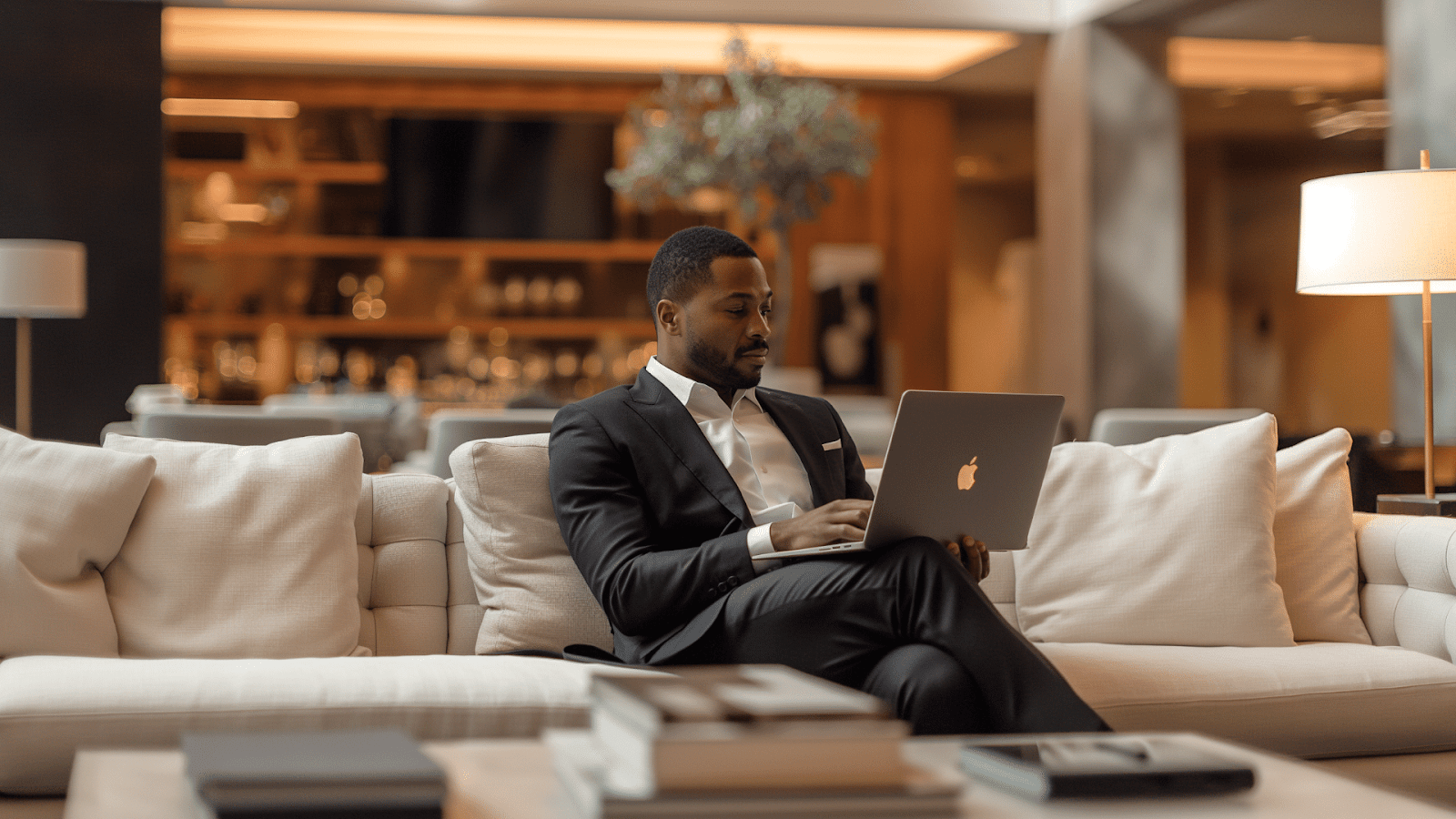 A businessman working on his laptop, in an elegant living area of a luxury vacation rental in Mexico City