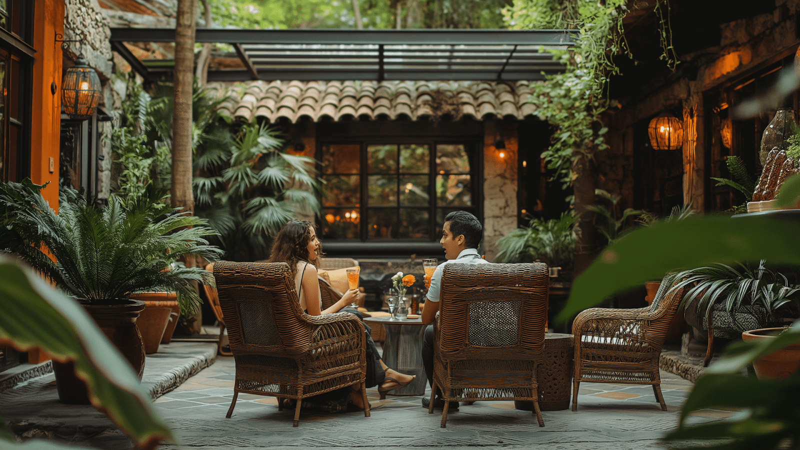 A couple having drinks in a lush garden of a luxury vacation rental in Mexico City
