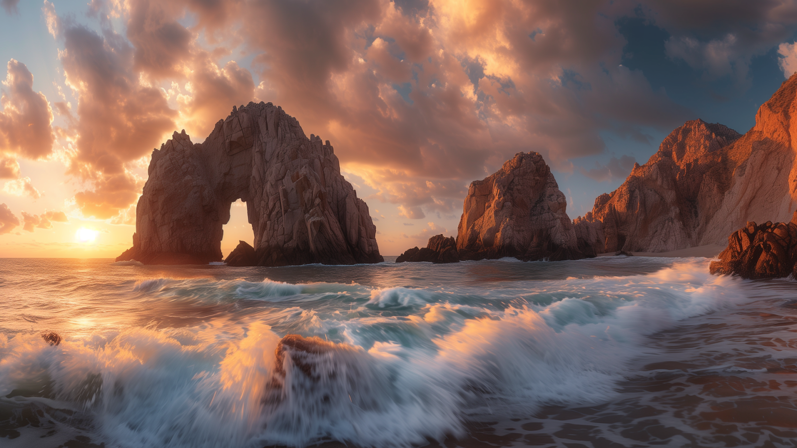 El Arco de Cabo San Lucas at golden hour, warm sunlight illuminating the rock formation with gentle waves below.