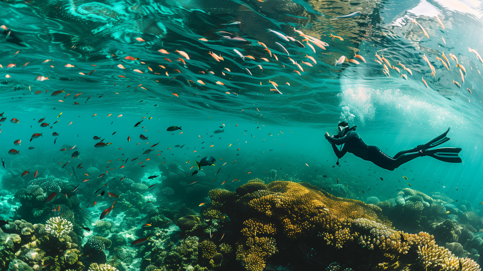 Snorkeler in Cabo Pulmo National Park, surrounded by coral reefs and tropical fish, with clear turquoise water above.