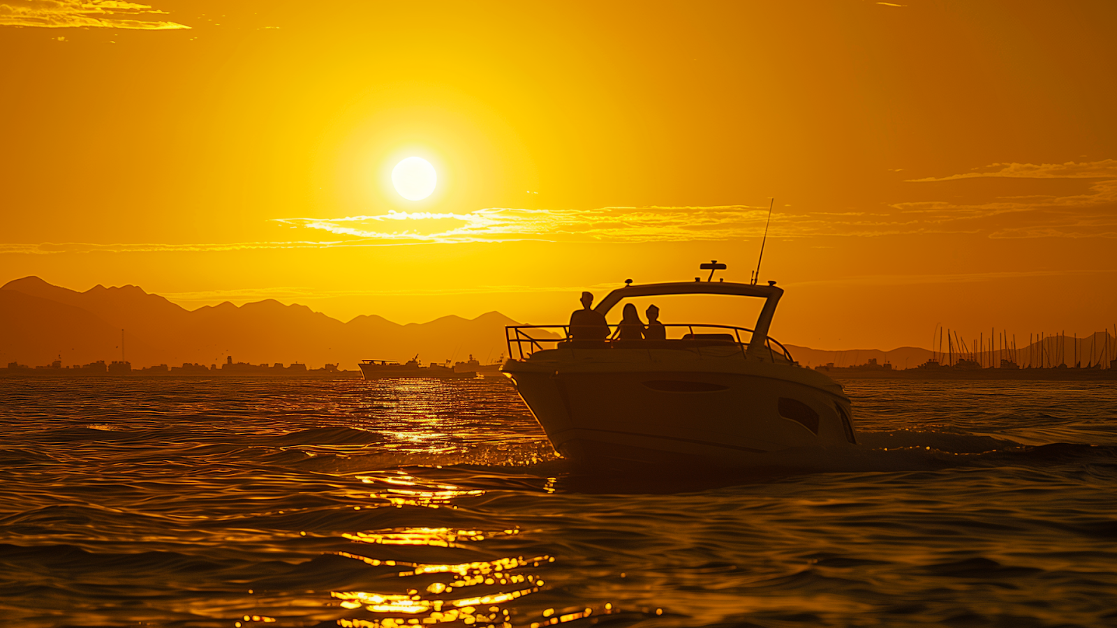Group of friends on a sunset cruise in Los Cabos, enjoying the scenic beauty of the coastline as the sun sets over the horizon.