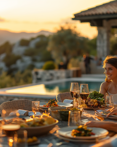 Guests enjoying a gourmet meal prepared by a private chef at a villa in Dalmatia.