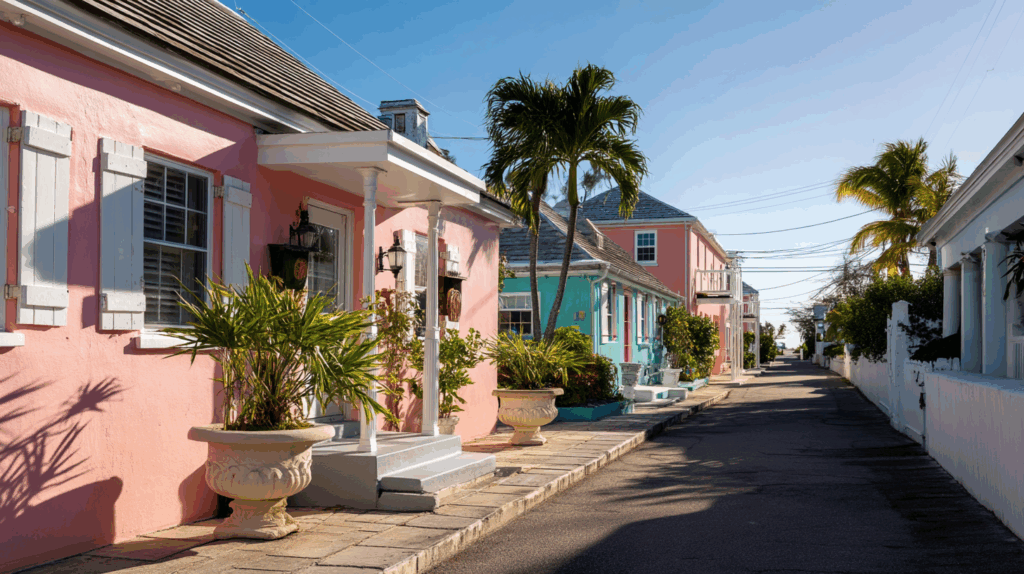 A peaceful street in Dunmore Town lined with pastel-colored colonial cottages and tropical greenery in a clean, minimalist tropical style.