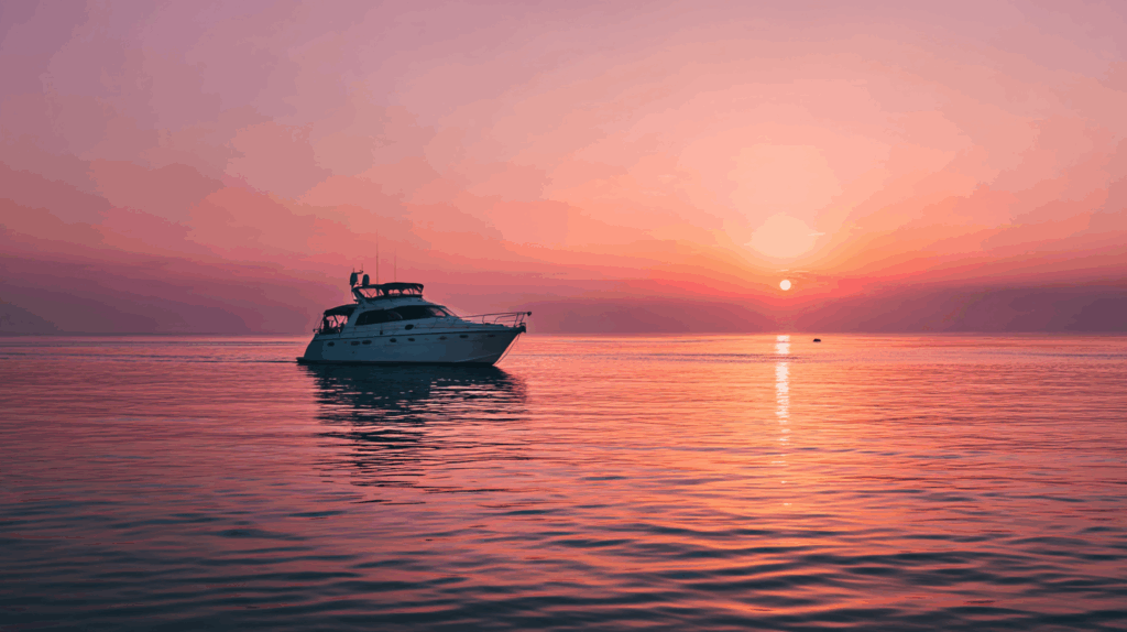 A minimalist sunset cruise scene with a yacht silhouette on calm waters off Harbour Island, glowing under a soft orange and lavender sky.