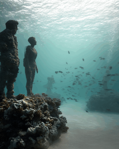 A serene underwater view of divers exploring the life-sized coral-covered sculptures at Cancun’s MUSA museum in clear, softly lit tropical waters.