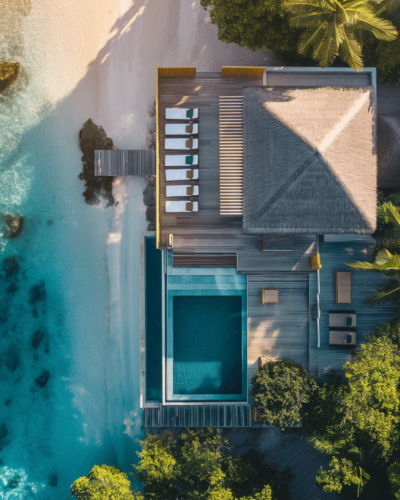 Aerial view of a unique vacation rental in the Maldives surrounded by clear blue waters and lush greenery