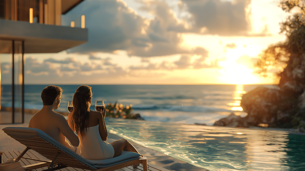A couple enjoying a sunset view by the pool in their summer home rental in the Maldives