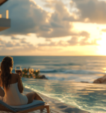 A couple enjoying a sunset view by the pool in their summer home rental in the Maldives