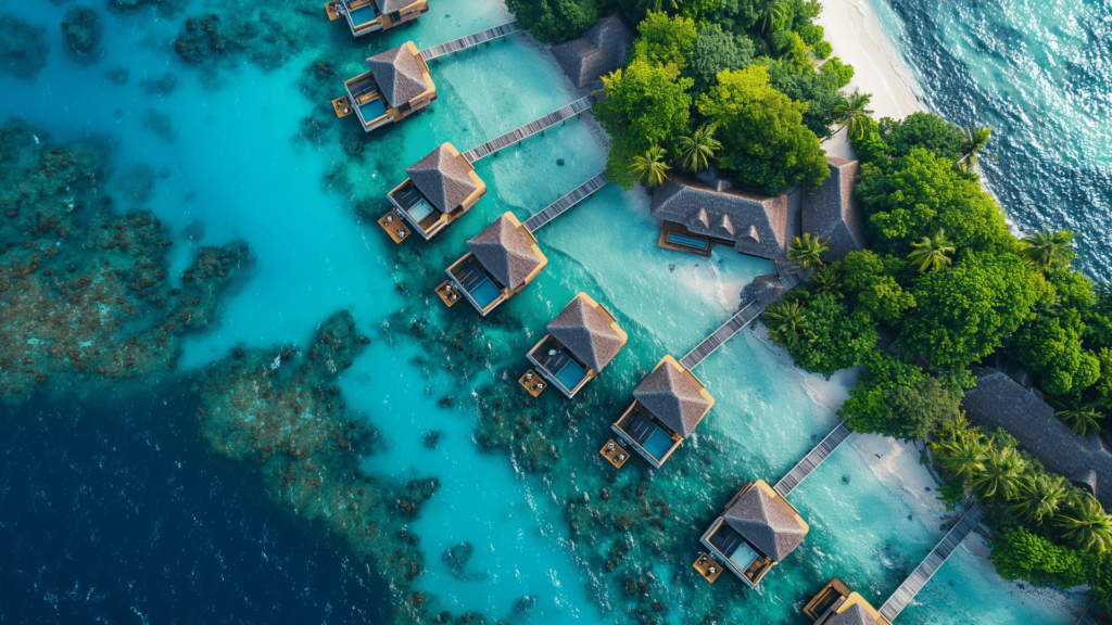 Aerial view of stunning overwater bungalow resort rentals in the Maldives