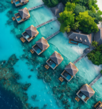 Aerial view of stunning overwater bungalow resort rentals in the Maldives