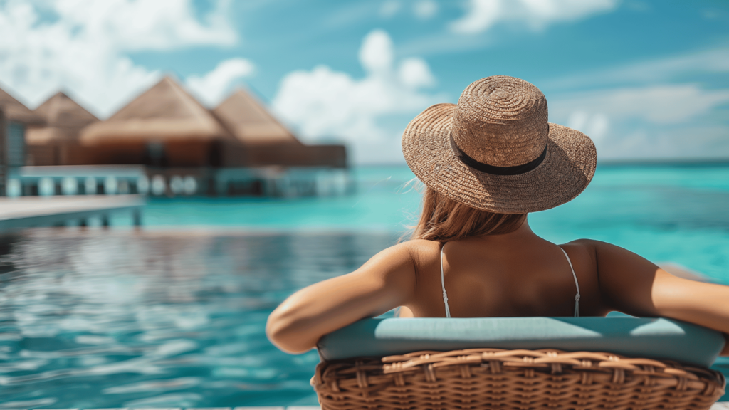 A woman sunbathing on a sun lounger with resort rentals in the Maldives in the view