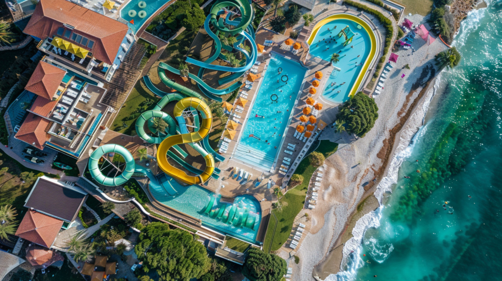 An aerial view of a family-friendly resort with pools and slides near the beach in Turks and Caicos.