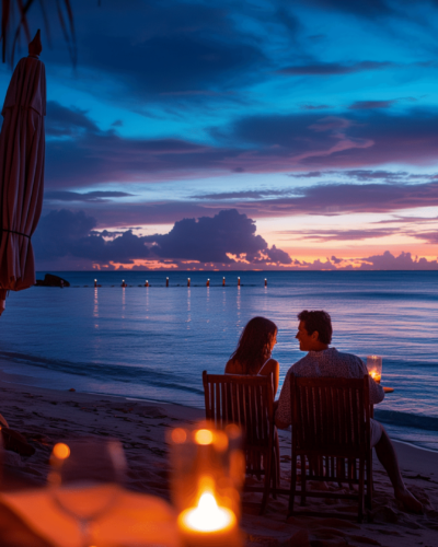 A couple enjoying a romantic candlelit dinner on the beach during the offseason in the Maldives