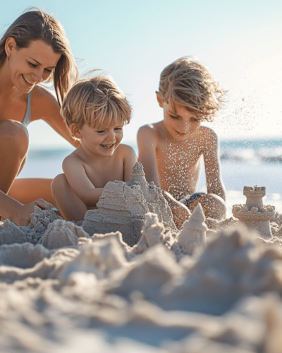 Mother and children building sandcastles together on the beach, one of the fun family activities to do in Palmetto Dunes