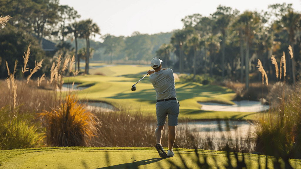 Golfer enjoying a perfect swing on a lush fairway at a Palmetto Dunes golf course