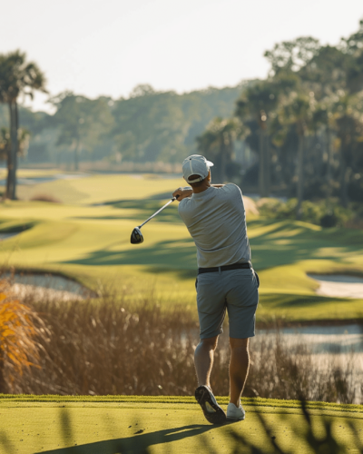 Golfer enjoying a perfect swing on a lush fairway at a Palmetto Dunes golf course