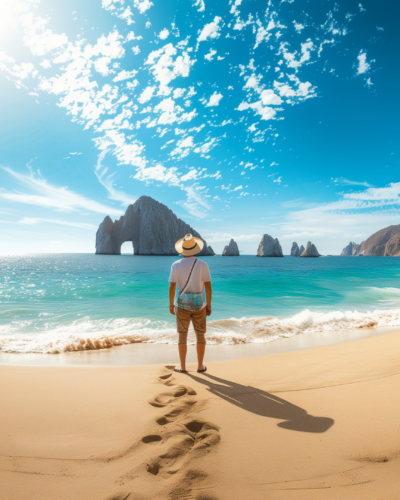 A traveler standing on the beach looks towards El Arco rock formation in Los Cabos, with the Sea of Cortez in the background.