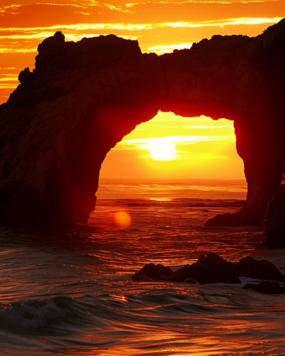 The sunset casting a golden glow over the iconic El Arco rock formation in Los Cabos, Mexico, with waves crashing against its rugged cliffs.