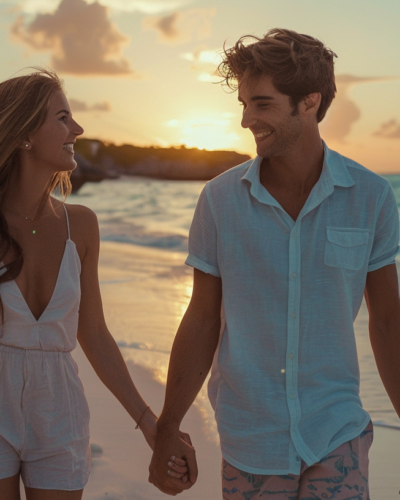 A young couple on a tranquil walk along a secluded Bahamian beach.
