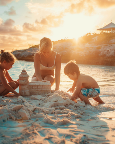 A family having fun while making sand castles at a private beachfront in Exuma, Bahamas.