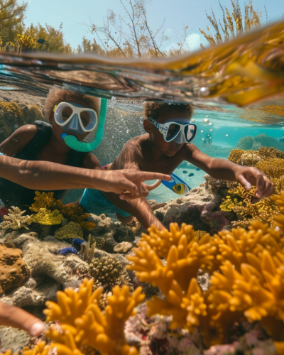 A family snorkeling near a luxury Bahamian resort, discovering underwater marvels.