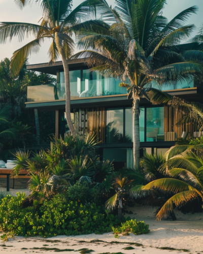 A secluded luxury villa in Tulum with a private beach and lush tropical surroundings.