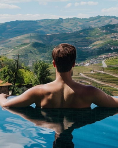 A traveler relaxes in an infinity pool overlooking the Douro Valley.