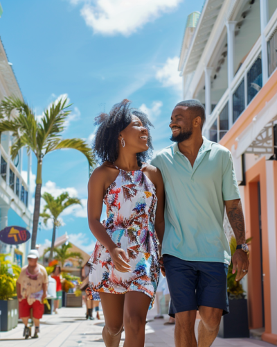 A couple exploring Nassau's vibrant streets off-season.