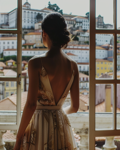 A woman admires Portuguese elegance inside a luxury Porto rental.