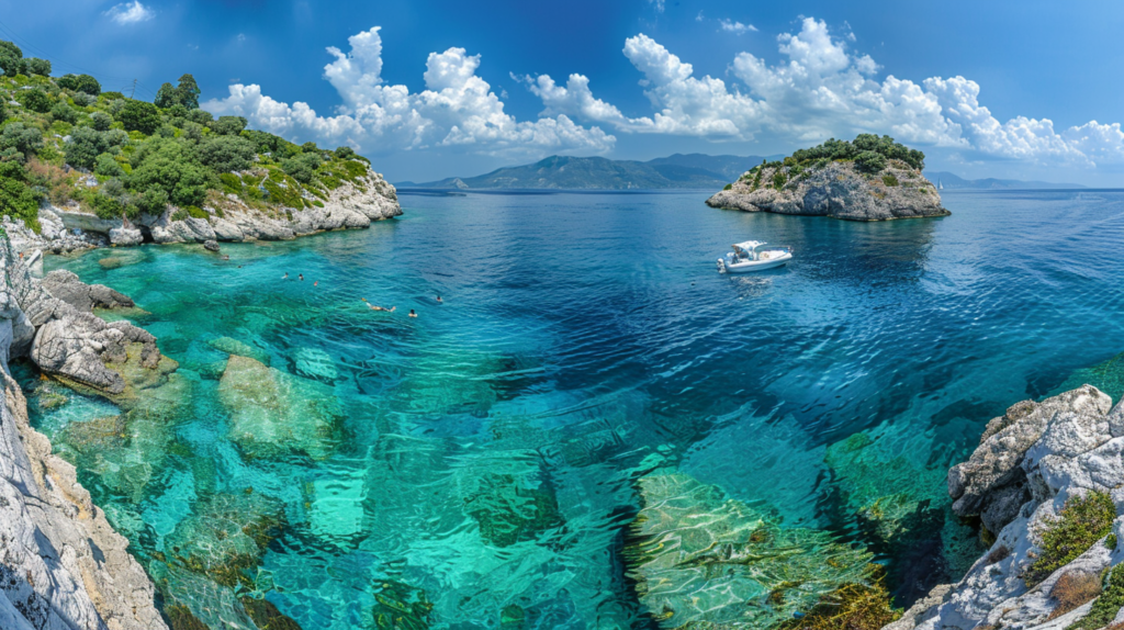 A panoramic view of turquoise waters around the Panteronisia islets with a boat tour group snorkeling.