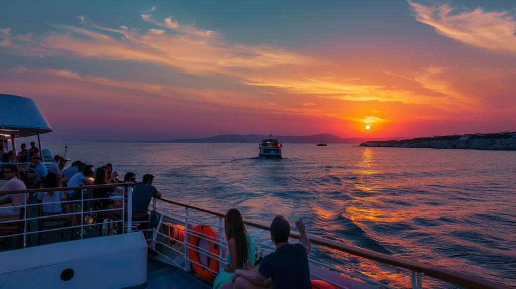 A sunset cruise around Paros with couples enjoying the view from the deck under an orange and pink sky.