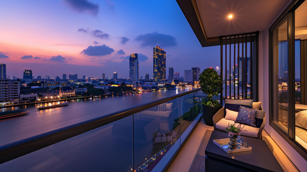 The evening view from a riverside luxury condo in Bangkok with city lights reflecting in the water.