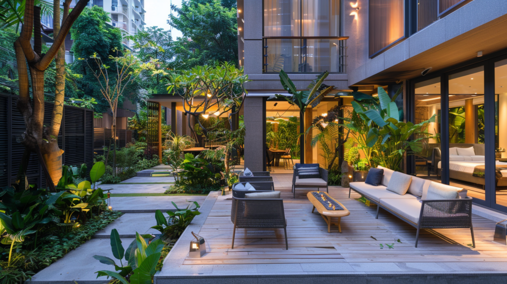 A serene garden terrace of a Bangkok luxury rental with a modern outdoor setting.