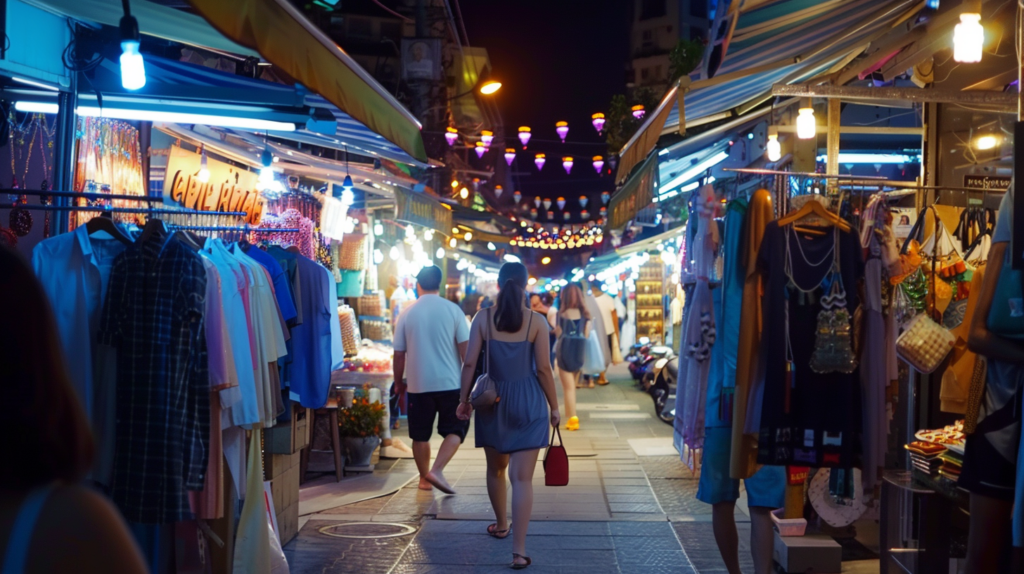 The night market in Bangkok, bustling with activity and colorful lights.
