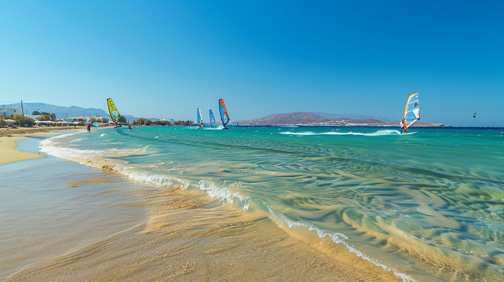 Golden sands of Chrissi Akti Beach in Paros with windsurfers under a clear blue sky.