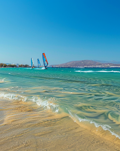 Golden sands of Chrissi Akti Beach in Paros with windsurfers under a clear blue sky.