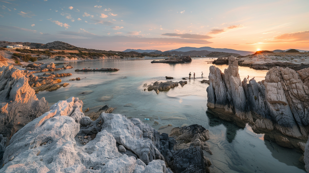 Serene rock formations and tranquil waters of Kolymbithres Beach at sunset in Paros.