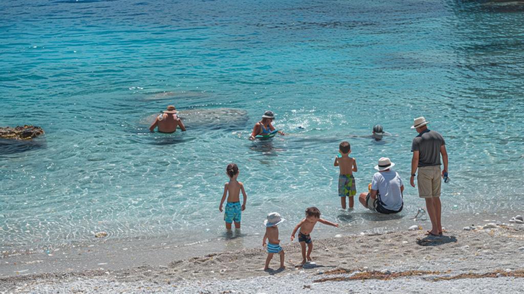 A family enjoying a sunny day at Livadia Beach in Paros with children playing in the shallow waters.